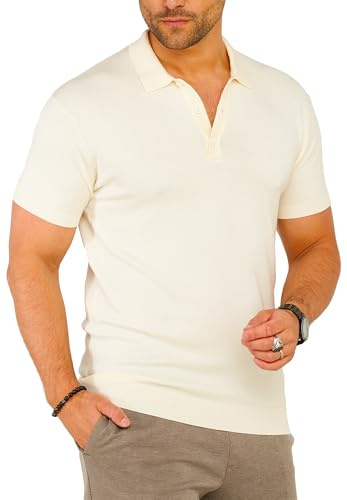 Soulstar Herren Basic Strick Poloshirt Kurzarm T-Shirt Polo-Hemd Knit Oberteil mit Knopfleiste Strick-Polo Golf-Polo Tennis-Polo S2_KP-100-Ecru-XXL
