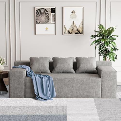 PurrJoys Modernes 3-Sitzer Sofa, Sofa-in-a-Box, Keine Montage Erforderlich, mit 3 Passenden Kissen, Kratzfestes Leinen, Stilvolle Couch für Wohnzimmer oder Schlafzimmer, Grau