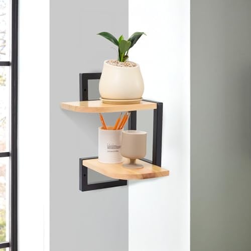 hi-home Eckregal Hängend Set aus 2, Rustikale Holz-Wandaufbewahrung für Kinderzimmer Bücherregal, Niedliches Eck-Wandregale aus Holz für Badezimmer Wohnzimmer Küchendekoration, Braun