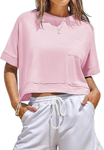 Fisoew Damen T-Shirt Kurzarm Crop Tops Sommer Rundhals Oversize Oberteile Fitness Sport Shirts Bauchfrei Einfarbig Basic top Rosa L