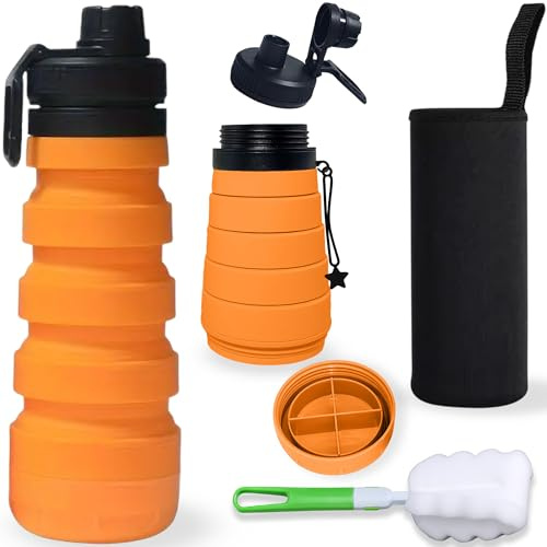 DARZWAY Botella Plegable de Silicona 750 ml – Con Funda de Neopreno y Cepillo Limpiador – Cantimplora Reutilizable y Flexible – Sin BPA – Ideal para Camping, Viajes y Deporte. (Naranja)