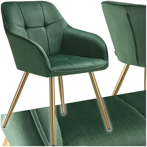 tectake® Samt Stuhl, Esszimmerstuhl mit Stepp Samtstoff, Küchenstühle modern, gemütlicher Sessel Wohnzimmer, Armlehnstuhl Esszimmer, Dining Lounge, Schminktisch Stuhl - dunkelgrün/Gold