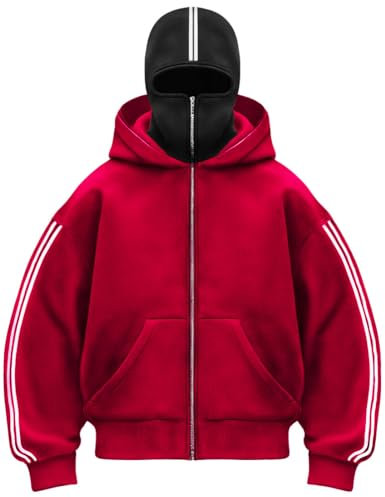 PADOLA Cagoule Zippé Pull Homme Balaclava Polaire Veste Hiver Grande Taille Sweat à Capuche Rayé Y2K Zip Hoodie Chaud Coupe-Vent Veste mi Saison Masque Sweats Moto Vélo Blouson Manteau (S, Rouge)