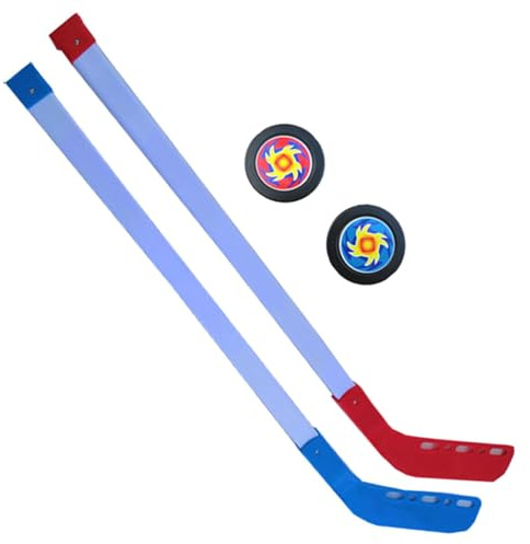 Kinder Hockeyschläger, Eishockey Set, ABS Ausrüstung mit 2 Pucks und Mesh Tragetasche für Kinder Mädchen PE Klasse Spiel Indoor Outdoor Sport Training, 70cm Rot Blau