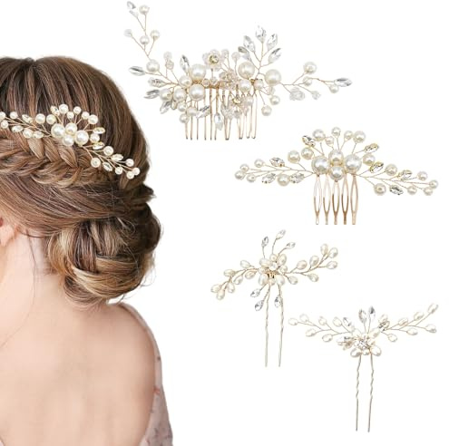 HERKINDNESS Haarschmuck Hochzeit Braut Haarschmuck Perlen Haarkamm | 4-teiliges Braut-Haaraccessoire mit künstlichen Perlen und Strass, passend für Hochzeiten, Zeremonien und Feiern