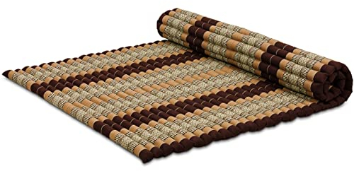 livasia Rollmatte XXL breit Doppelbett - 200x145x4,5cm - Gästebett Gästematratze 2 Personen mit Muster, Reisebett für Kofferraum und outdoor, Thaimatte Kapok Garten und Balkon (Braun)