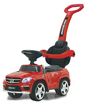 JAMARA 460242 - Rutscher Mercedes GL63AMG 2in1 - Kippschutz, Kunstledersitz, Kofferraum, Schub- und Haltestange mit Rückenlehne/Schutzbügel, Scheinwerfer vorne/hinten, Motorsound, Hupe, Musik, rot