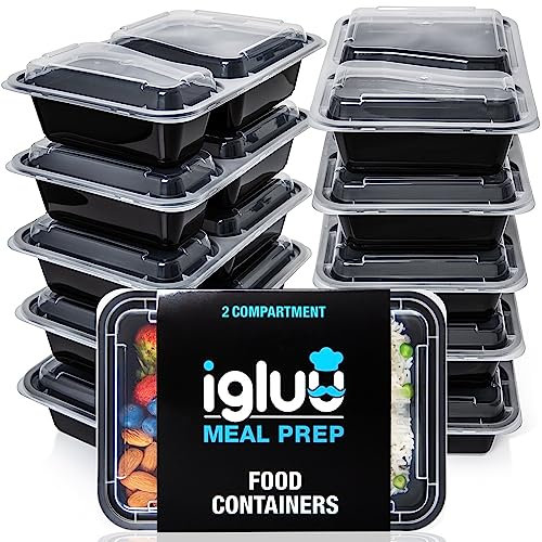 Igluu Meal Prep - Recipientes de 2 Compartimentos para comida de Plástico Sin BPA con Tapas Herméticas - Apilables y Reutilizables - Aptos para Microondas, Congelador y Lavavajillas - Set de 10