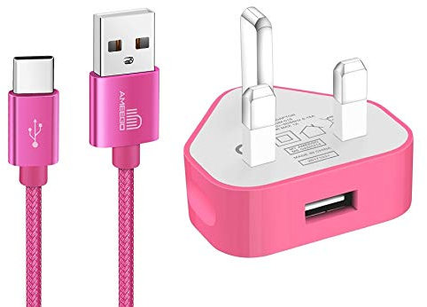 TheMax USB Wall Charger with USB-C Cable – Fast Charging Adapter Safe, Compact, High-Speed Charging Compatible for Samsung, Pixel, Android, and Tablets and More (1m Cable Included) Pink