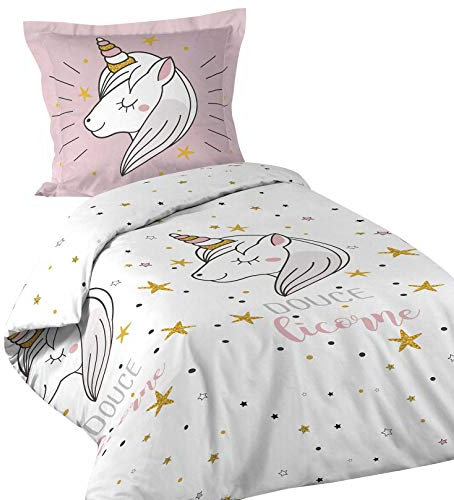 Dynamic24 Kinder Bettwäsche Einhorn Baumwolle 140x200 2-teilig Set Mädchen Bettbezug Kissenbezug rosa weiße Kinderbettwäsche mit Druckknöpfe