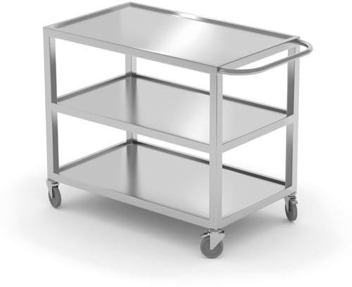 HENDI Servierwagen, geschweißt für hohe Stabilität, mit 3 Ebenen, Belastung pro Ebene: 70kg, 4 Lenkrollen, 2 Rollen feststellbar, Transportwagen, Küchenrollwagen, 800x500x(H) 850mm, Edelstahl
