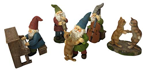 GlitZGlam Happy Miniatur Zwerge und Katzen tanzende Feier! - 6-teiliges musikalisches Gartenzwerg-Set für den Miniatur-Feengarten