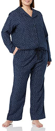 Amazon Essentials Ensemble Pantalon de Pyjama et Chemise en Flanelle à Manches Longues boutonnés sur Le Devant Femme, Bleu Marine Imprimé Points, XL