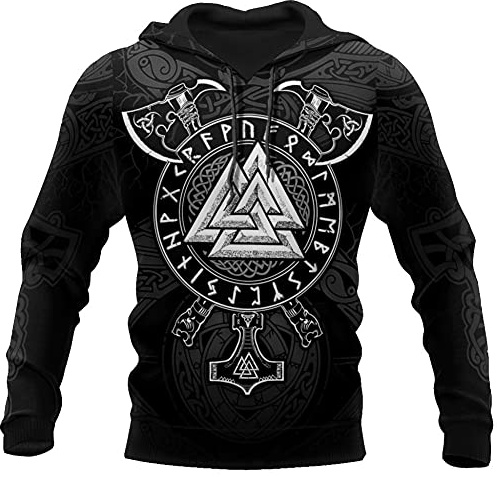 YOROOW-OUTDOOR Viking Odin Tattoo Hoodie für Herren 3D-Druck Herbst Casual Pullover Mit Großer Tasche Cosplay Jacke, US Grösse,Axe Hoodie,M