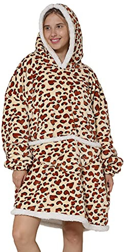 Coperta oversize con cappuccio – Coperta in pile Sherpa indossabile unisex, taglia da adulto, modello felpa gigante soffice e confortevole con cappuccio, Leopard,