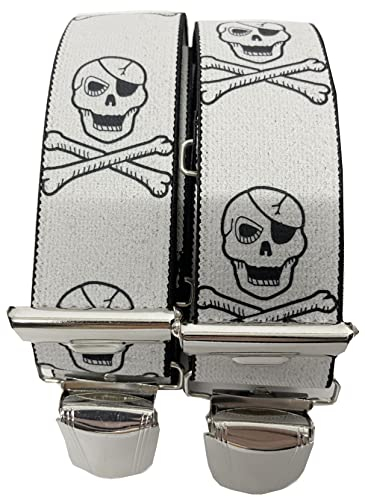 EDERER TOTENKOPF HOSENTRÄGER | UNISEX| 4 starken Metallclips| 35mm breit-110 cm lang| Party| Fasching| Karneval|KlassischTotenkopfWeiß ST-024