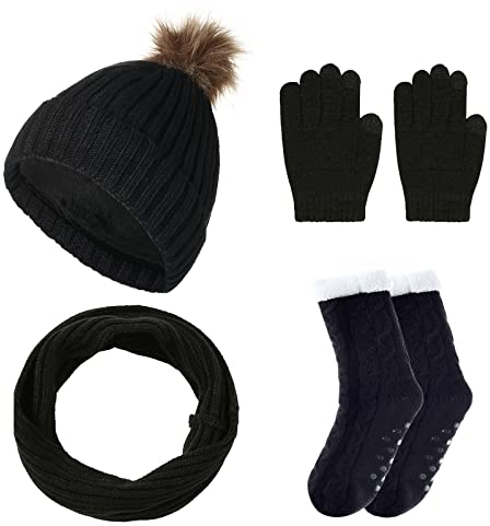 FAMKIT Damen Winter Strickmütze Warm Fleece gefüttert Beanie Mütze mit Bommel Schlaufe Schal Touchscreen Handschuhe Anti-Rutsch Hausschuhe Socken