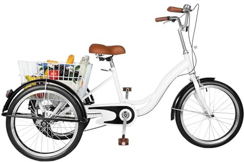 LENJKYYO Dreirad für Erwachsene 20 Zoll 1-Gang Fahrrad Mit Korb 3 Räder Trike Seniorenrad Tricycle Mit Einkaufskorb (Weiß)