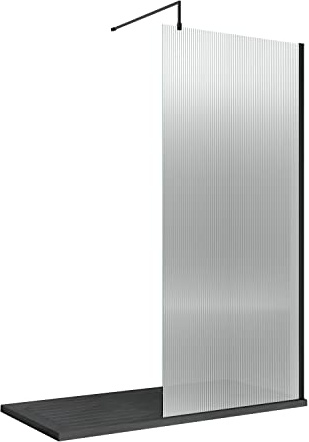 Hudson Reed WRFL19510BP Fluted Modern Bathroom Fluted 8mm Toughened Safety Glass Wetroom Screen with Support Arm, 1950mm x 1000mm, Matt Black