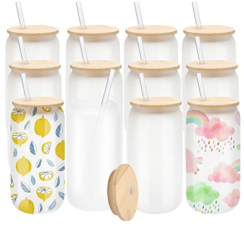WHEATHUSK 12 Pack Sublimation Glass Cups Frosted 16oz Blanks Beer Can Borosilicate Glasses Tumbler with Bamboo Lids and Straws for Beer, Juice, Soda, Iced Coffee, Drinks