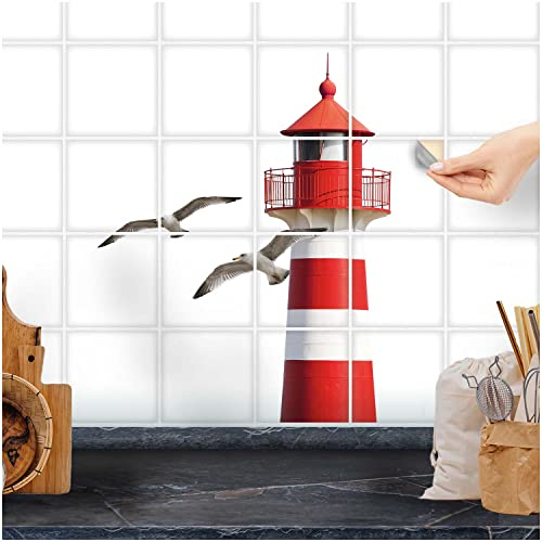 FoLIESEN Fliesenaufkleber - Deko-Bild für Bad, Küche, Badezimmer - Dekoration Fliesen-Bild selbstklebend - Möwen am Leuchtturm, Fliese - Bild (BxH):15x15 cm - 45x45 cm / 9-tlg.