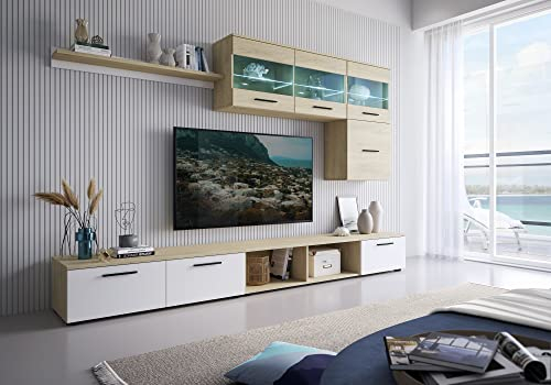 Skraut Home | Muebles de Salón | Modelo París | Conjunto de Aparador | Estantería y Mueble TV | Estilo Nórdico | con Luz LED | Melamina | Blanco y Roble