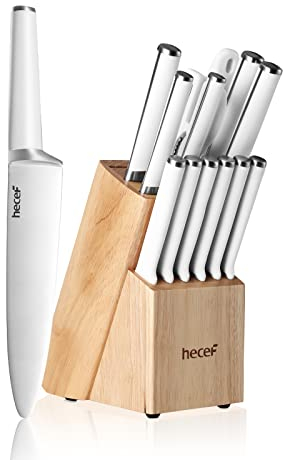 hecef Kitchen Knife Set with Wooden Block,High Carbon Stainless Steel Sharp Knife Set, Professional Knife Block Set with Full Tang Handle