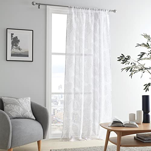 Fusion Leaf/Fern Net Curtain, W55 x L54 (140 x 137cm), Voile for Bedroom/Living Room, Leaves Print Sheer, Grey, Matteo Collection