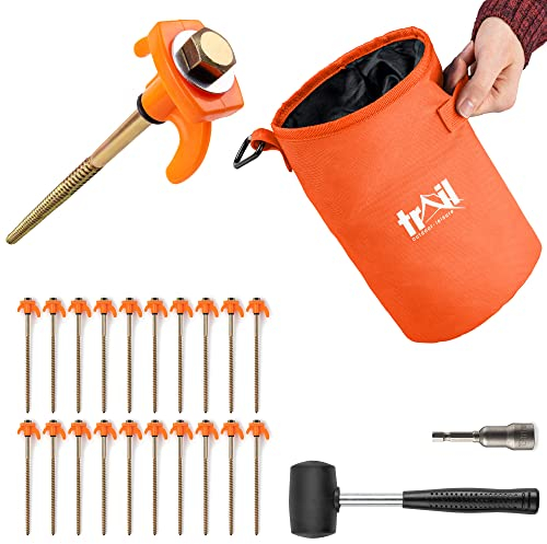Trail 20 x Screw Tent Pegs for Hard Stony Ground and Gravel Pitches with Mallet, Magnetic Bolt Head Adaptor and Bag with Carabiner Clip (Peg Size: 22cm x 7.5mm)