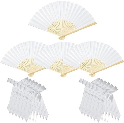 XCMVCN Fächer Hochzeit Gäste 24 Stück Set, 12STK Autoschleifen Hochzeit mit 12STK Papierfächer Weiß, Handfächer Faltfächer Fecher Damen Hochzeitsdeko für Wedding Deko Sommer Party - Weiß
