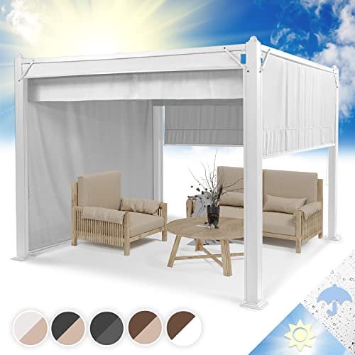 blumfeldt Pantheon Cortina Tonnelle Jardin Aluminium 3x3m,4 Panneaux Latéraux Enroulables,Tonnelle Pliante,Barnum Pliant,Poteaux d'angle 10x10cm,Toile Revêtement Hydrofuge,Pergola,Gris Gris/Blanc