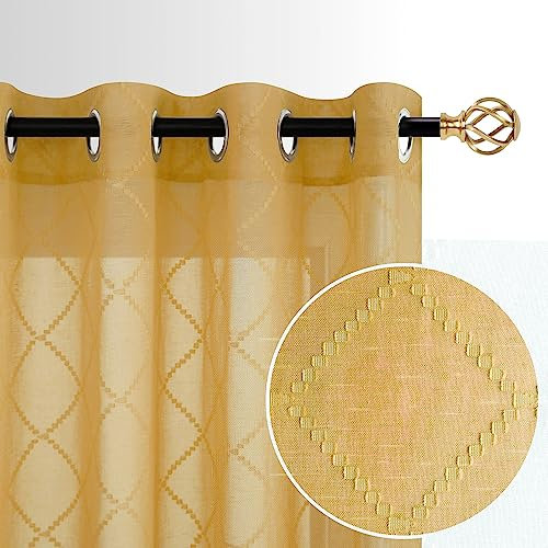 Vintage-Retro-Vorhänge für Wohnzimmer, Ösenset, halbtransparent, 70er-Jahre-Gittermuster im Art-Déco-Stil, luxuriöse bestickte Vorhänge für Schlafzimmer und Esszimmer, Goldgelb, 244 cm lang, 2er-Set