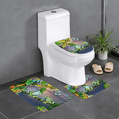 ROOZEE Viele Frösche singen auf den Zweigen Flanell rutschfeste Badezimmermatten-Sets 3-teilig - Dekoratives Badematten-Set, Badezimmerteppich + U-förmiger WC-Vorleger + Toilettensitzbezug in O-Form