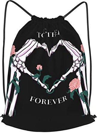 Kordelzug-Rucksack, Totenkopf-Hände, Rose, Love Together Forever, Kordelzugbeutel, Sport-Turnbeutel für Männer und Frauen, wie abgebildet - S, #431