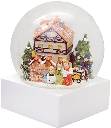 Schneekugel Nostalgie Mega-Format Weihnachtssinger vor Fachwerkhaus auf Designer Pure-Line Sockel weiß eckig – 150mm Durchmesser - Schüttelkugel - Glitzerkugel * 20186
