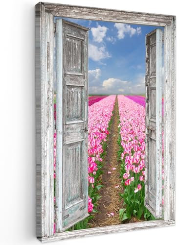 MuchoWow© Leinwand Groß 80x120 cm XXL Deko Schlafzimmer Aesthetic Leinwandbilder Wohnzimmer Gemälde Foto Geschenk Living Room Decoration Blumen - Tulpen - Fensterblick - Regenbogen