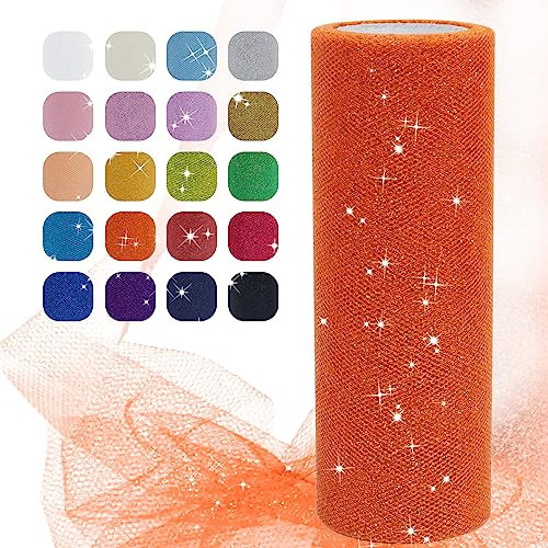 Uiopa Tulle Orange, 15cm x 22,8m Rouleau de Tulle Pailleté en Polyester Maille Tissu pour Tutu Jupe, Deco Mariage/Fête, Deco Chaise Mariage, Noeud Cadeau, Artisanat DIY