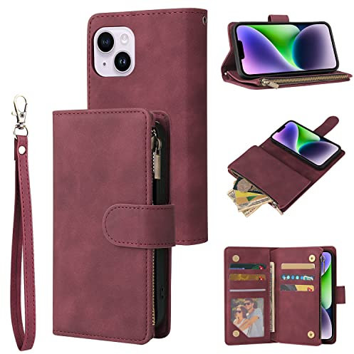 QLTYPRI Case for iPhone 15 6.1 inch, Large Capacity Leather Wallet Case 6 Card Holder & 1 Zipper Pocket Kickstand Wrist Strap Magnetic Case for iPhone 15 - Wine Red