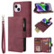 QLTYPRI Case for iPhone 15 6.1 inch, Large Capacity Leather Wallet Case 6 Card Holder & 1 Zipper Pocket Kickstand Wrist Strap Magnetic Case for iPhone 15 - Wine Red