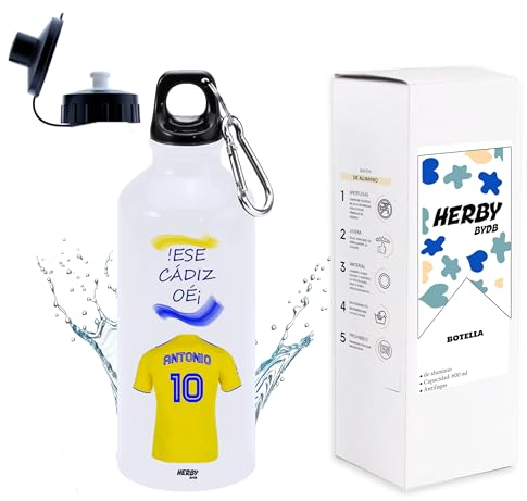 Botella de agua del cadiz personalizado con nombre, bidón de aluminio para llevar, cantimplora para niños de 600 ml con dos tapones, regalos personalizados para niños con su nombre (Cadiz)