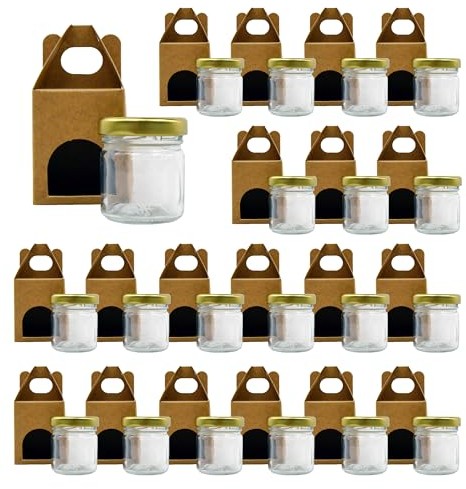 Espirito Rebelde Lot de 20 pots en verre vides avec couvercle de 40 ml avec 20 bôites en carton pour 1 pot de confiture - Inclut un couvercle à vis doré, pour confitures, conserves, miel