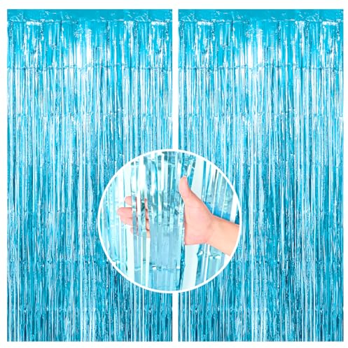 Biapian Lametta Vorhang Hellblaue, 2 Stück Metallic Folie Fransen Vorhänge, Blau Streamer Tinsel Curtain Photo Booth Backdrop für Geburtstag Babyparty Verlobungs Frozen Mermaid Partydeko(1m x 2m)