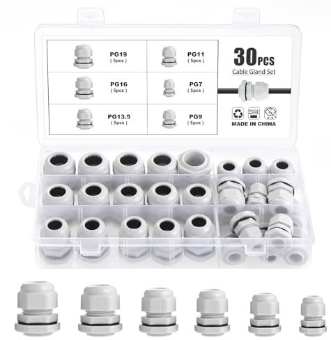 Mynoozi 30 PCS Adjustable Cable Glands, Suitable for 3-15mm Cables, Cable Glands Waterproof, Plastic Nylon Cable Connectors Gland with Locknut for Home Garden Industrial Use PG7/9/11/13.5/16/19