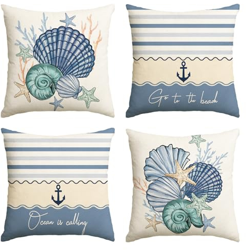 Artoid Mode Muschel Anker Go to The Beach Sommer Kissenbezüge 4er Set, 45x45 cm Saisonnal Zierkissenbezug Cushion Cover Couch Wohnzimmer Deko