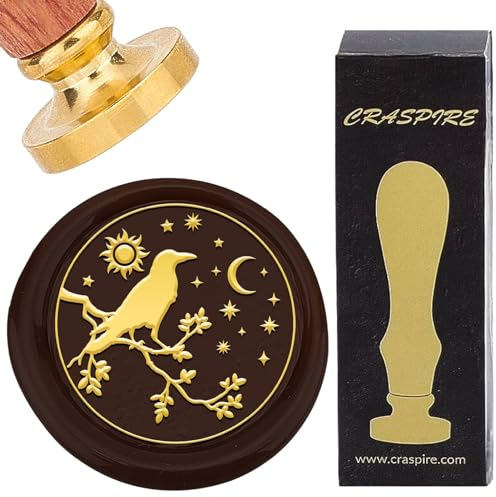craspire Krähe Auf Einem Zweig Wachssiegelstempel Rabe Retro Mond Sonne Stern Siegelwachsstempel 25 mm Abnehmbarer Messingkopf Mit Palisandergriff Für DIY Scrapbooking Einladungen Geschenkpapier