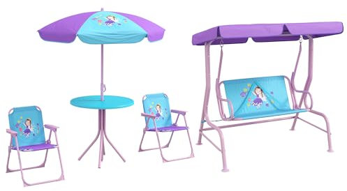 Outsunny 4PCs Kids Garden Furniture Set w/ 2 Seater Garden Swing Chair with Adjustable Canopy, Childrens Table and Chair Set with Parasol, for Toddler Girls 3-6 Years Old