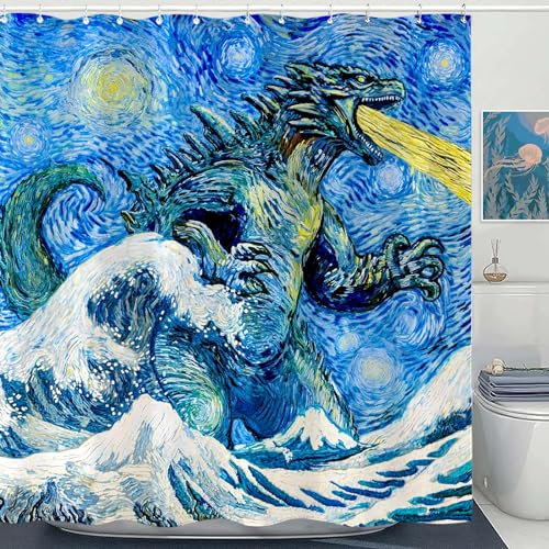 Wegklazax Dinosaurier-Duschvorhang, Monster, lustiger Duschvorhang, Van Gogh, Wellen-Duschvorhang, Badezimmer-Vorhang-Dekor-Set mit 12 Haken, Van Gogh Monster, 183 x 183 cm