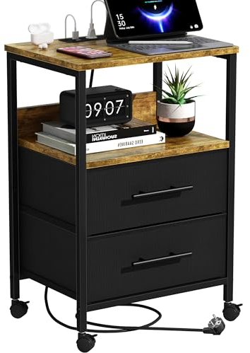 Nachttisch mit Ladestation, Nachttisch mit Steckdosen und USB Anschlüssen, Sofa-Beistelltisch, mit Metallrahmen und Stoffschubladen, für Schlafzimmer (Schwarz+Retro, 30cm(D)*40cm(W)*60cm(H))