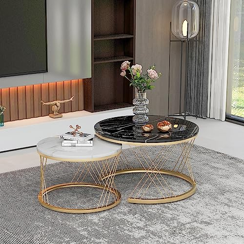 YESGIGA Moderne Nesting Couchtisch, Hochglanz Couchtisch Satz,Marmor Furnier Sofa Seite Nest von Tischen Runde Endtische, Satz von 2, Goldene Farbe Frame (Weiß+Schwarz)