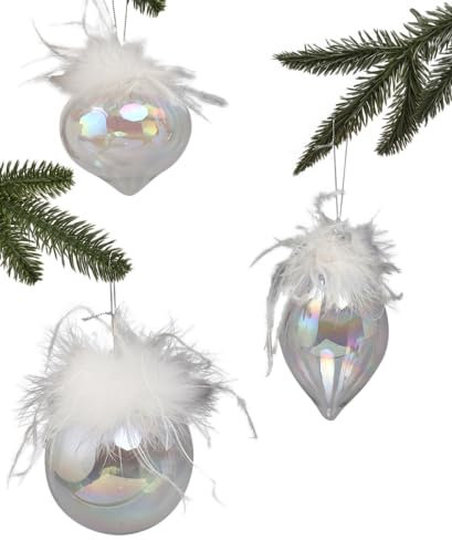 G Decor Eleganter Perlglanz großer Christbaumschmuck aus Glas mit weißen Federn (3er Set)